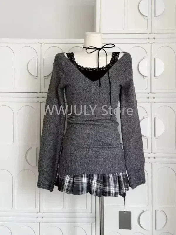 Autumn Winter Woman Gyaru Coquette V-neck French Vintage Sweater Long Sleeve Pullovers Knitwears 2000s Aesthetic Old Money Thick - Image 6