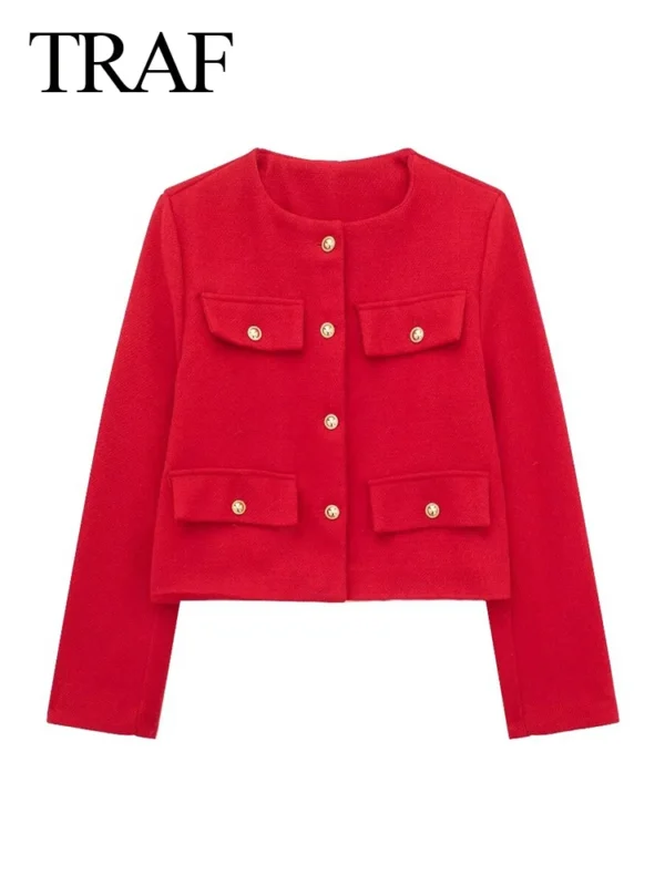TRAF 2024 Fashion Women Bomber Cropped Jackets Female Golden Button Blazer Spring Women's Chic Streetwear Outwear Top - Image 4