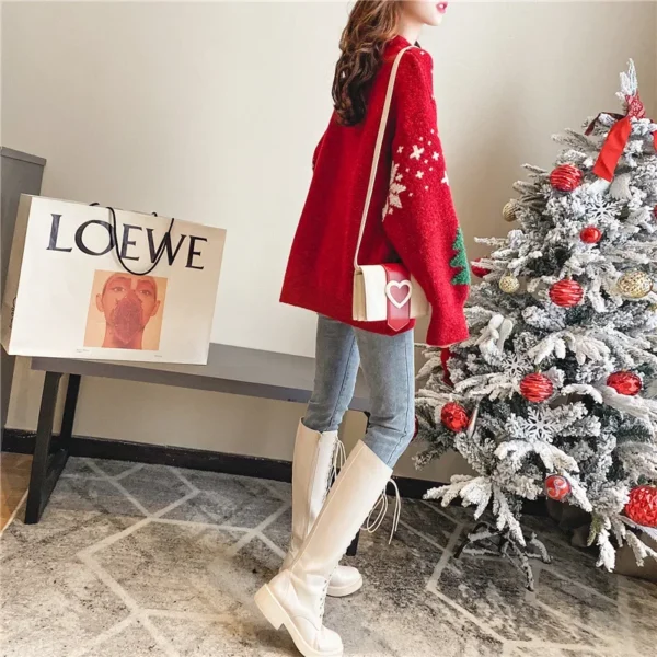 2024 Autumn Winter Christmas Sweater New Korean Thickened Color Blocked Women Hoodie Snowflake Loose Round Neck Lazy Style Tops - Image 5