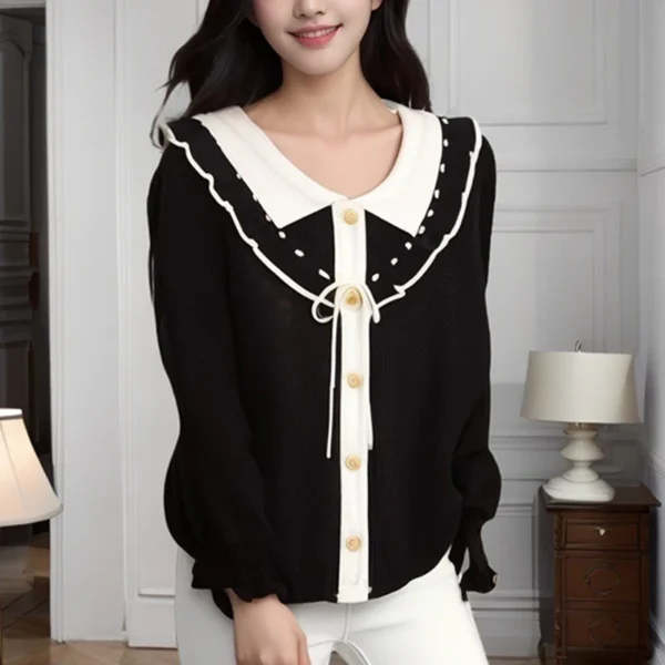 Women's Ruffled Long Sleeve Knitted Sweater Single Breasted Lapel Bowknot Tops - Image 3