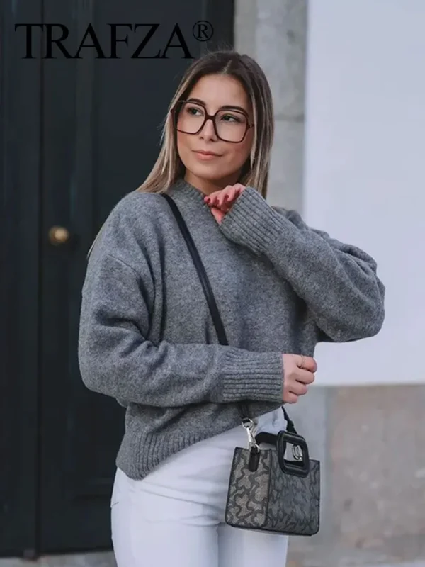 TRAFZA Autumn Winter Women Gray Pullover Sweaters Female Long Sleeve Loose Knit Jumper O-Neck Knitted Oversized Outerwear - Image 3