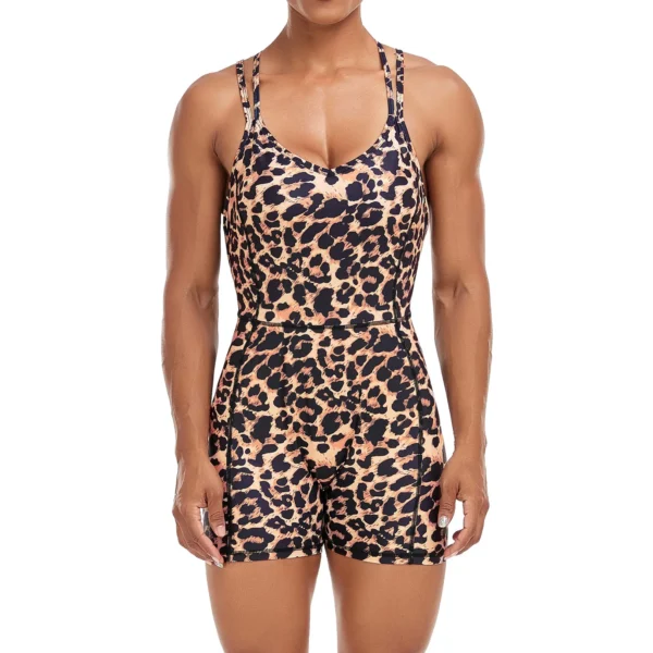 Women Yoga Backless Leopard Jumpsuit Workout Catsuit Bodysuit Sleeveless Gym Bodycon Romper Sexy Sportswear Fitness Yoga Suit - Image 2