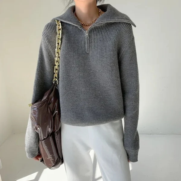 Women Knit Sweaters Zipper Spliced Pullovers Full Sleeve Casual Jumpers Elegant Lady Thick Outwear Regular Autumn Winter - Image 2