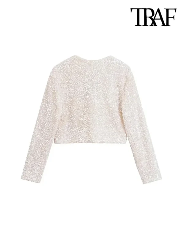 TRAF-Women's Long Sleeve Sequined Cropped Jacket, O Neck Coat, Female Outerwear, Chic Tops, Bow Tied - Image 3