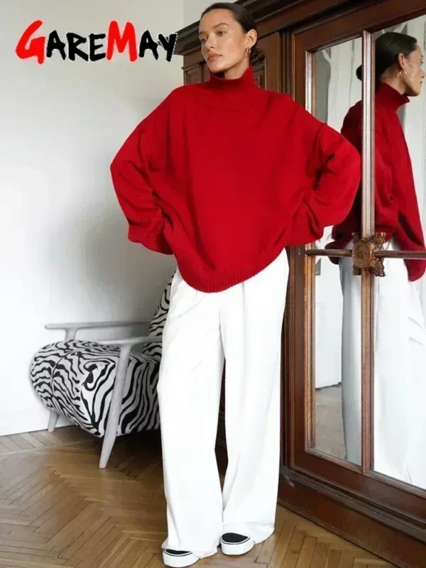 Women's Turtleneck Sweater Oversize Winter Vintage Knitted Red Sweater Pullover Women Soft Gray Warm Sweater for Women 2024 - Image 2