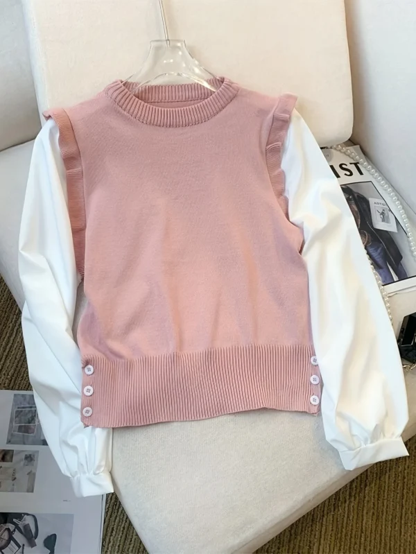 2024 Pink New 2 In 1 Lettuce Trim Knitted Pullover Sweater Casual Long Sleeve Sweater For Fall Winter Women's Clothing