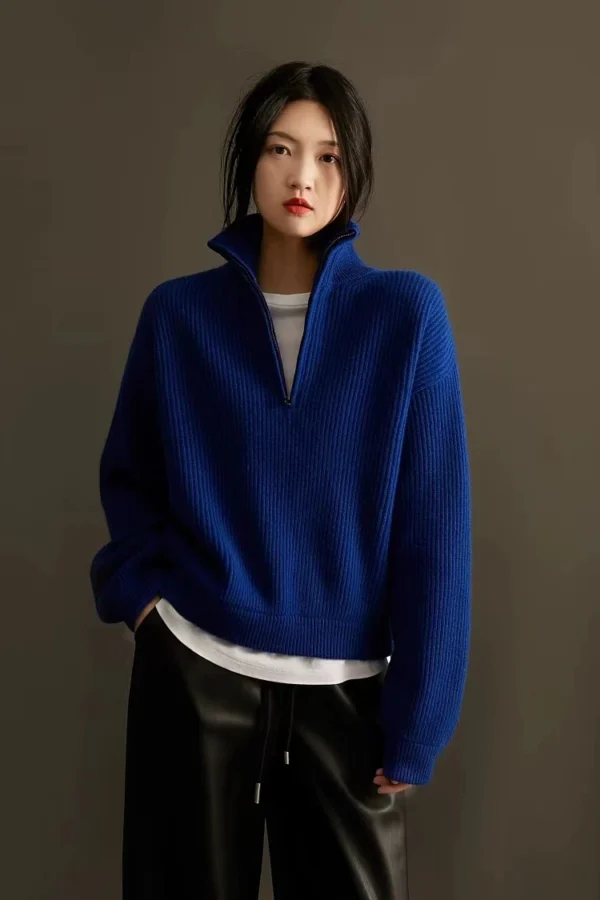 Italian craft 100 pure cashmere sweater women's half zipper stand collar thickened loose lapel pullover knitted sweater