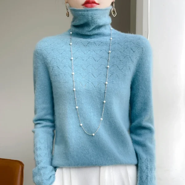 Autumn and winter new 100% merino wool turtleneck solid color long sleeve pullover fashion cashmere women's hollow knit sweater