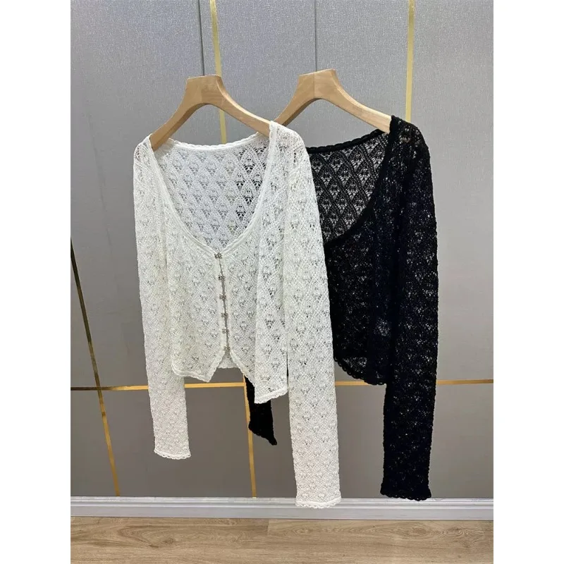 LUXURY Long Sleeve Hollow Out Knit Top, Korean Niche, Thin, Single Breasted, High Quality, Spring, Summer, Brand New, 2025 - Image 3