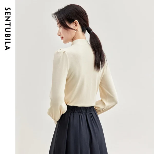 SENTUBILA Cotton Knit Slim Fit Pullovers Women 2025 Spring Hight Collar Pearl Chain Lanter Sleeve Elegant Tops Ladies 143H56768X - Image 2