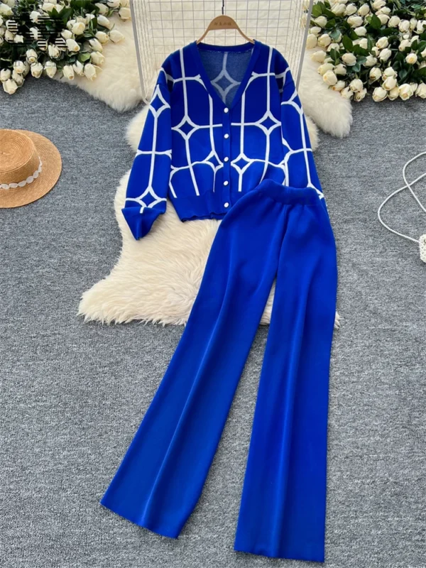 SINGREINY Basics Print Knit Two Pieces Sets Autumn Winter Single Breasted Cardigan+Wide Leg Long Pants Fashion Streetwear Suits - Image 3