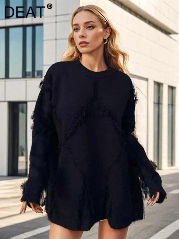 DEAT Fashion Tessal Sweater Women's Round Neck Loose White Black Long Sleeve Knitted Pullover Autumn 2025 New Tide 7AB6300