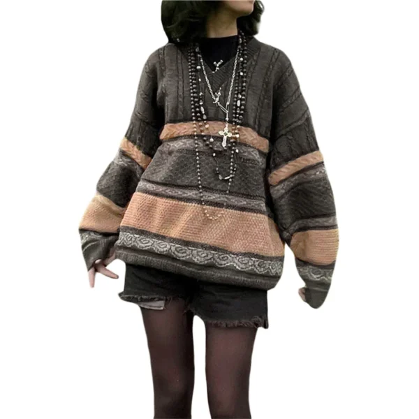 Lamuusaa y2k Sweater Women Aesthetic Tops Grunge Striped V Neck Long Sleeve Oversized Knitted Pullover 2000s Streetwear