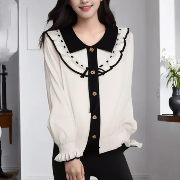 Women's Ruffled Long Sleeve Knitted Sweater Single Breasted Lapel Bowknot Tops - Image 2