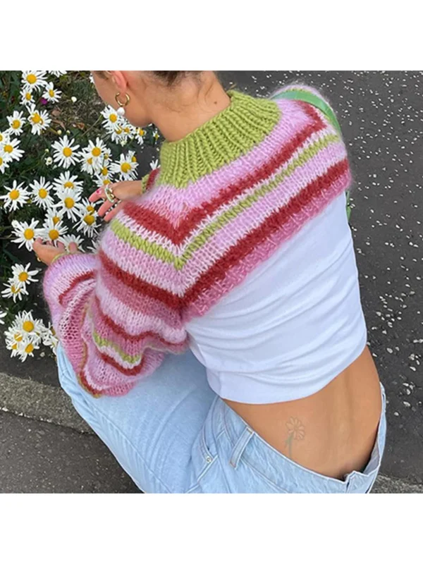 Women Knitted Shrug Sweater Casual Striped Loose Long Sleeves Half Turtleneck Pullover Crop Tops Streetwear - Image 2