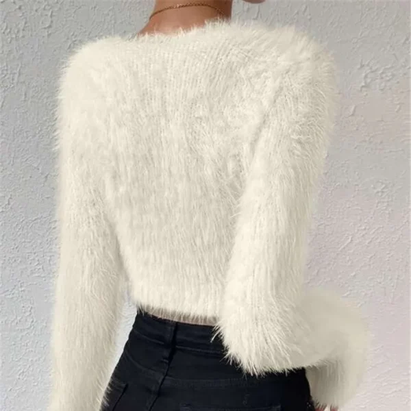 Women's Sexy V Neck Long Sleeve Slim Sweater Korean Style Solid Color Cropped Top Fall/Spring Casual Knitted Pullover - Image 2