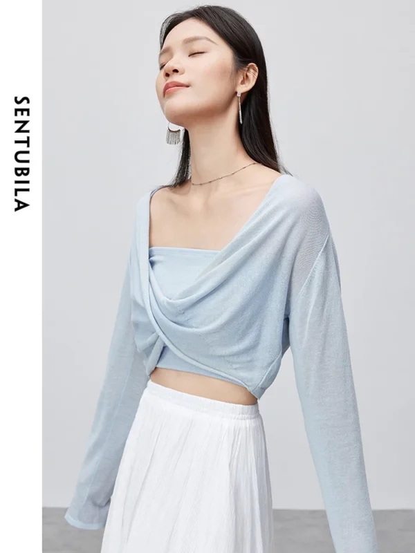 SENTUBILA Casual Cropped V-neck Knitted Pullovers 2024 Summer Fashion Loose Thin Soft Long Sleeve Top Woman Clothing W42H55450 - Image 4