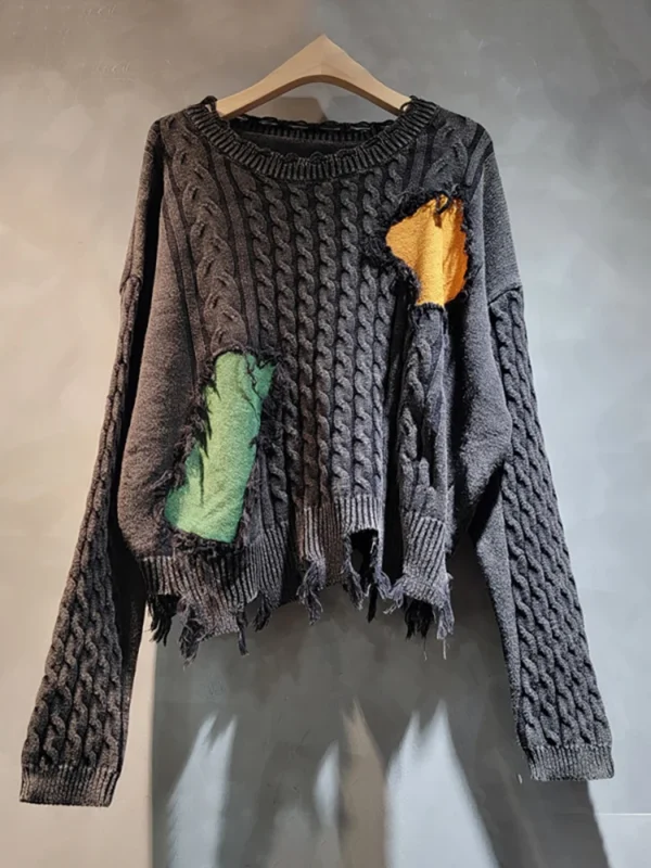 DEAT Women's Sweater Patches Design Burrs Tassel Vintage Loose O-neck Long Sleeve Pullover 2025 New Fashion Spring 33A1814 - Image 2