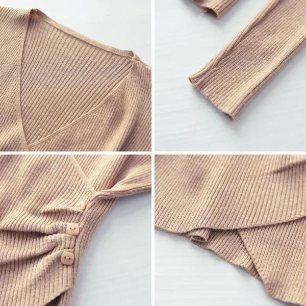 Surplice Sweater for Women Pullovers Ribbed Knit V-Neck Long Sleeve Button Side Plain Jumper Teen-girl Fall Winter Basic Outfit - Image 2