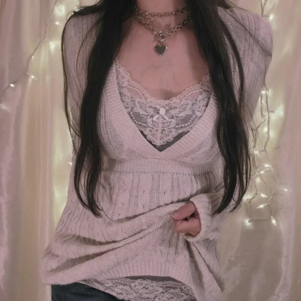 Fairycore Y2K Grunge Vintage Knitted Sweater Chic Women 90s Vintage V Neck Pullovers Aesthetics Retro Cute Jumpers Knitwear