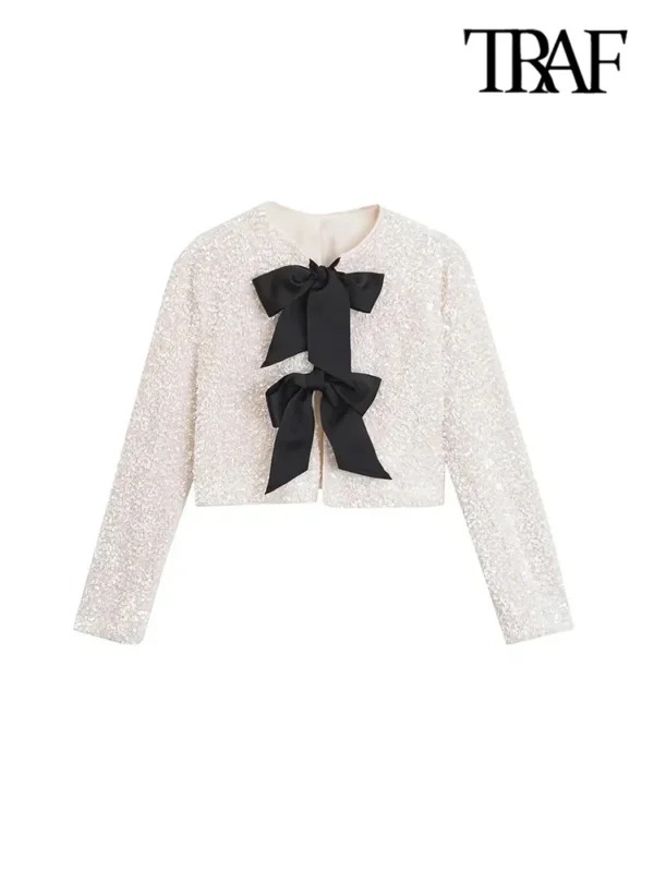 TRAF-Women's Long Sleeve Sequined Cropped Jacket, O Neck Coat, Female Outerwear, Chic Tops, Bow Tied - Image 2