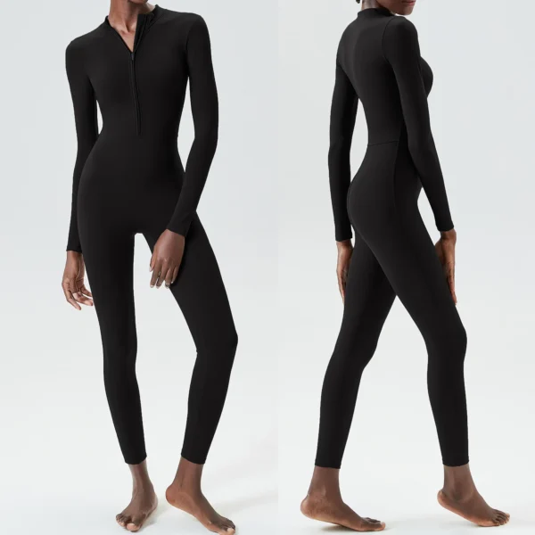 Women Gym Running Suit Solid Color One Piece Yoga Set Buttery Soft Slim Fit Jumpsuit Long Sleeve Sportswear Workout Clothes - Image 4